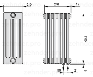 Схема (чертеж) Радиатор Zehnder Charleston 6110/6 №5510 Белый глянцевый RAL 9016
